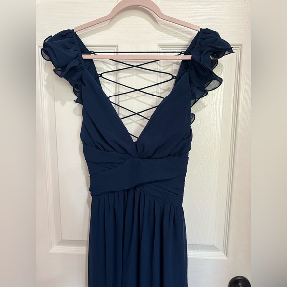 Lulus Maxi Dress Navy Blue Ruffled Lace-Up Soiree Celebration Formal Dress NWOT - Picture 5 of 10